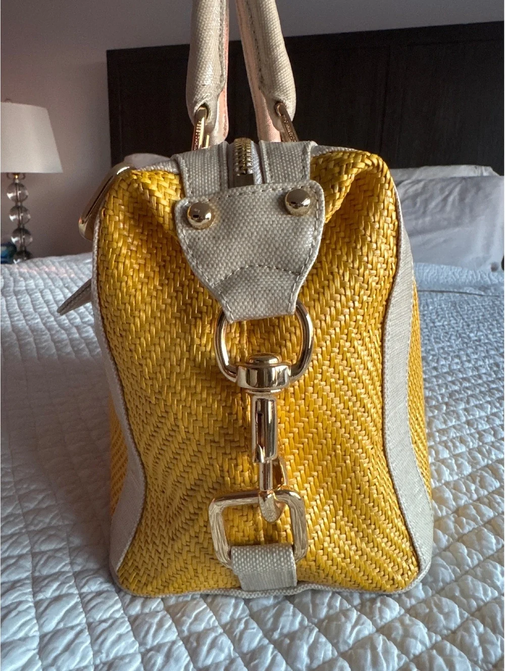 Rebecca Minkoff Yellow Woven Straw and Beige Leather Satchel Handbag